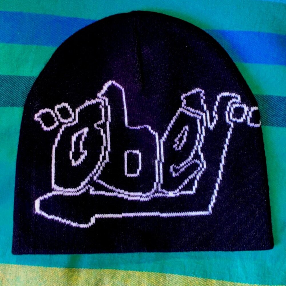 OBEY cuff-less beanie Black with white text lightweight dressy or casual EUC !!!